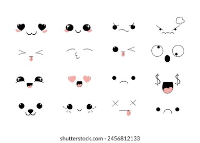 Kawaii Style Faces manga anime emotions, comic expressions, cute eyes collection isolated on white background. Doodle smiley mood design elements, 