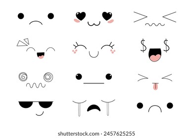 Kawaii Style Faces manga anime emotions, comic expressions, cute eyes collection isolated on white background. Doodle smiley mood design elements, 