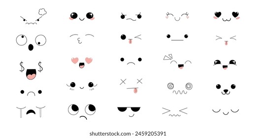 Kawaii Style Faces manga anime emotions, comic expressions, cute eyes collection isolated on white background. Doodle smiley mood design elements, 