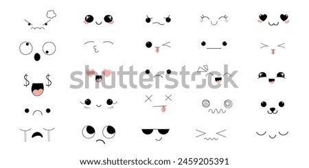 Kawaii Style Faces manga anime emotions, comic expressions, cute eyes collection isolated on white background. Doodle smiley mood design elements, 