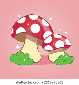 Kawaii style fantasy red mushrooms with white dots