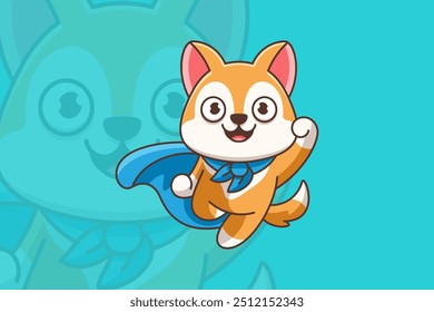 A kawaii style husky dog happily flying through the air with a joyful expression, designed in a cute and cartoon style.