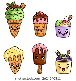 Kawaii style ice cream set. Cute sweet character collection isolated on white. Summer dessert illustration