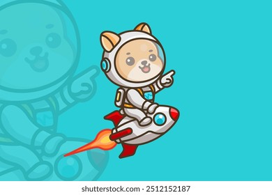 A kawaii style illustration of an adorable astronaut dog soaring through space on a rocket.