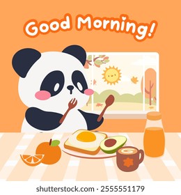 A kawaii style illustration of a cute panda enjoying a healthy breakfast with toast, avocado, orange juice, and eggs in an autumn themed setting.