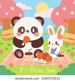 A kawaii style illustration featuring a panda and bunny enjoying a picnic under cherry blossom trees, sharing delicious food in a peaceful spring setting.