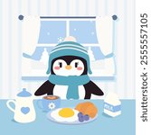 A kawaii style illustration of a penguin dressed in a cozy hat and scarf, enjoying a warm winter breakfast with eggs, croissant, milk, and blueberries.