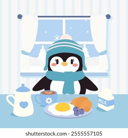 A kawaii style illustration of a penguin dressed in a cozy hat and scarf, enjoying a warm winter breakfast with eggs, croissant, milk, and blueberries.