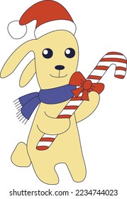 Kawaii style image of a bunny with a santa hat holding a candy cane