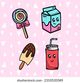 
kawaii style items set of soda, popsicle, lollipop and milk carton
