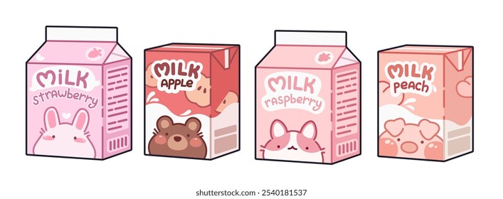 Kawaii style milk drink boxes set isolated on white background. Contemporary vector cartoon illustration of fruit dairy beverage in carton packages with cute animal characters, sweet Japanese cocktail