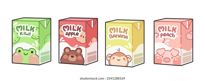 Kawaii style milk drink boxes set isolated on white background. Contemporary vector cartoon illustration of fruit dairy beverage in carton packages with cute animal characters, sweet Japanese cocktail