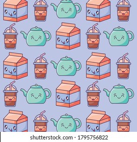 kawaii style milk and teapot pattern vector illustration design
