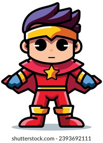 Kawaii style miniature superhero with a red suit, yellow star emblem, and purple hair.