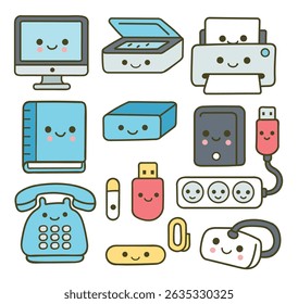 Kawaii style office supplies line drawing, isolate vector file
