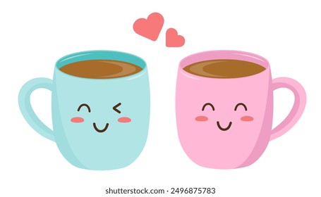 Kawaii style. Pink and blue coffee mugs. Isolated on white background. Vector illustration.