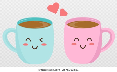 Kawaii style. Pink and blue coffee mugs. Isolated on a transparent background. Vector illustration.	
