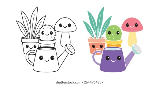 Kawaii Style Plants and Watering Can Coloring Set for Kids – Cute Black and White Garden Elements with Smiling Faces – Fun Line Art for Children’s Activity, Education, and DIY Crafts