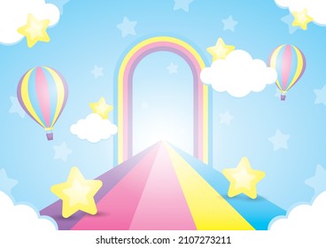 kawaii style rainbow way and arch with cloud and stars on blue sky 3d illustration vector