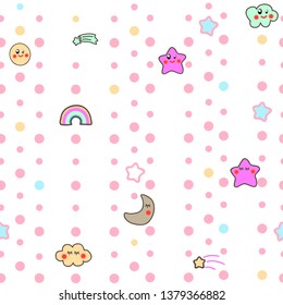 Kawaii style Seamless Pattern Background with cute clouds, stars, rainbow and moon.