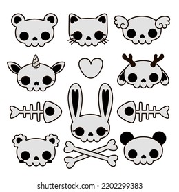 kawaii style set of cute animal skulls, simple vector illustration for sticker, logo, textile, wrap design