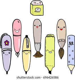 Kawaii style set, school stationary, writing tools with faces, emoji characters design, cute pretty pen, pencil, paintbrush, eraser, marker. Hand drawn sketch, vector illustration in pastel palette. 