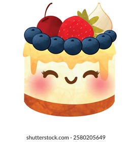 kawaii style with smiling face and pink cheeks for sweet design, cute cake vector illustration with plain background ,Cute sweet food dessert