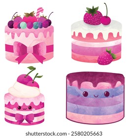 kawaii style with smiling face and pink cheeks for sweet design, cute cake vector illustration with plain background ,Cute sweet food dessert