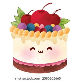 kawaii style with smiling face and pink cheeks for sweet design, cute cake vector illustration with plain background ,Cute sweet food dessert