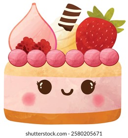 kawaii style with smiling face and pink cheeks for sweet design, cute cake vector illustration with plain background ,Cute sweet food dessert