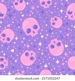 Kawaii style vector seamless pattern featuring pink sweet skulls with large eyes on purple background. Playful design includes stars, hearts, and dots creating a fun spooky-cute aesthetic.