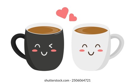 Kawaii style. White and black coffee mugs. Isolated on white background. Vector illustration.	