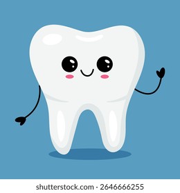 Kawaii style white tooth character waving and smiling