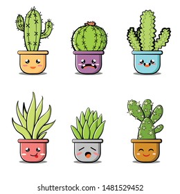 Kawaii Succulent Or Cactus Plant Vector Illustration Set