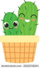 Kawaii succulent character. Smiling face cactus in pot isolated on white background