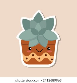 Kawaii succulent with cute face in pot. Funny character flower in style of kawaii. Plant sticker  template for children, for scrapbooking, applications. Cartoon floral characters. Vector