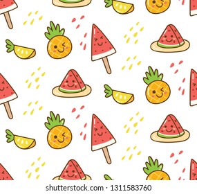 Kawaii summer background with watermelon and pineapple