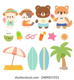 Kawaii Summer Beach Animal Friends Illustration Set.Cute Animal Characters on a Summer Vacation Set.Adorable Animals Enjoying a Beach Day.