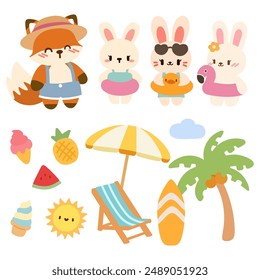 Kawaii Summer Beach Bunny and Fox Illustration Set.Cute Animal Friends on a Tropical Beach Vacation.Adorable Bunnies and Fox Enjoying a Summer Day Set.