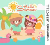 Kawaii summer beach illustration with bear couple. Adorable bears enjoying a tropical vacation.