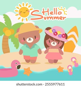 Kawaii summer beach illustration with bear couple. Adorable bears enjoying a tropical vacation.