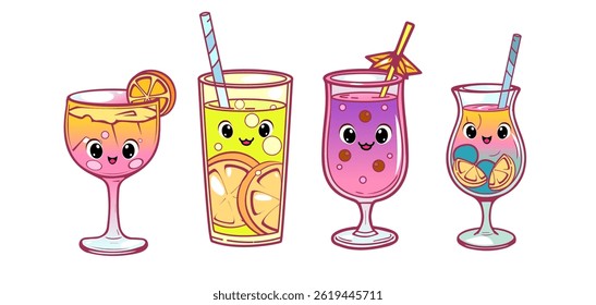 Kawaii summer cocktails. Vector, flat outline illustration. Set of colorful cocktail characters