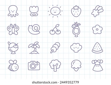 Kawaii summer icon set. Collection of cute hand drawn stickers isolated on a checkered background. Vector 10 EPS.