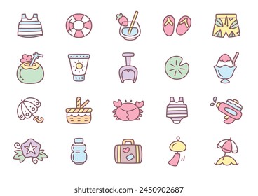 Conjunto de iconos de verano de Kawaii. Colección de lindas pegatinas dibujadas a mano aisladas sobre un fondo blanco. Vector 10 EPS.