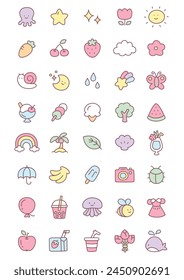 Kawaii Sommer Icon Set. Kollektion von niedlichen handgezeichneten Aufklebern (Sonne, Wassermelone, Blumen, Eis, Palme etc.) isoliert auf weißem Hintergrund. Vektorgrafik 10 EPS.