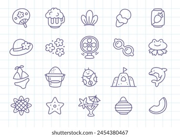 Kawaii summer vacation icon set. Collection of cute hand drawn stickers (fan, ice cream, sun glasses, swimsuit, cocktail etc.) on a checkered background. Vector 10 EPS.
