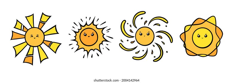 Kawaii sun characters with eyes and smiles. Yellow sun smiling faces in doodle style. Black and white vector illustration isolated in white background