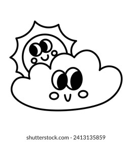 Kawaii Sun and cloud cartoon line icon. vector illustration.
