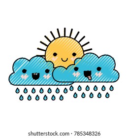 kawaii sun and cloud with rain in colored crayon silhouette
