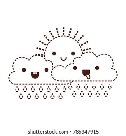 kawaii sun and cloud with rain in monochrome dotted silhouette